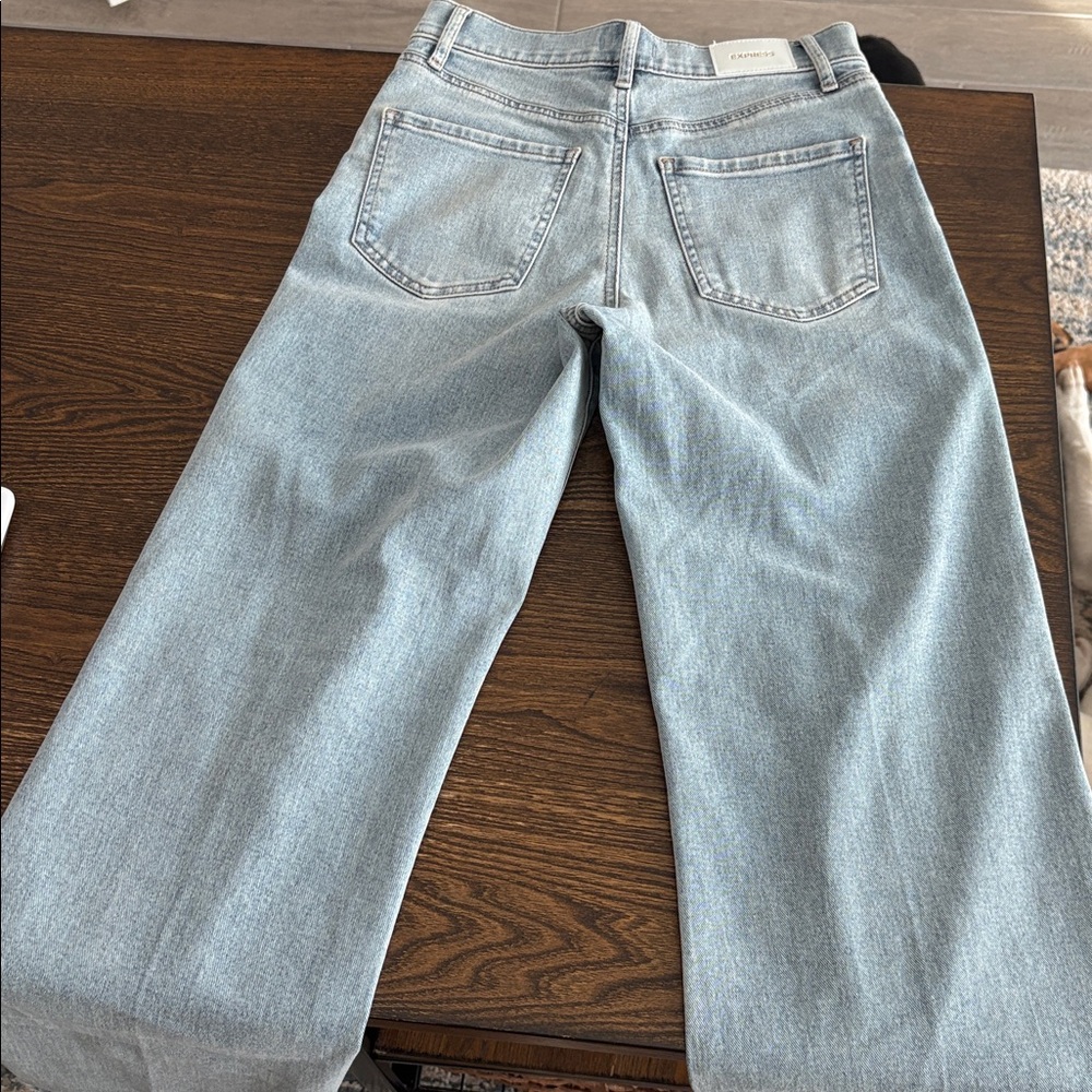 Express Wide Leg High Rise Light Blue Jeans with Distressed Knees Size 27 - Picture 9 of 11